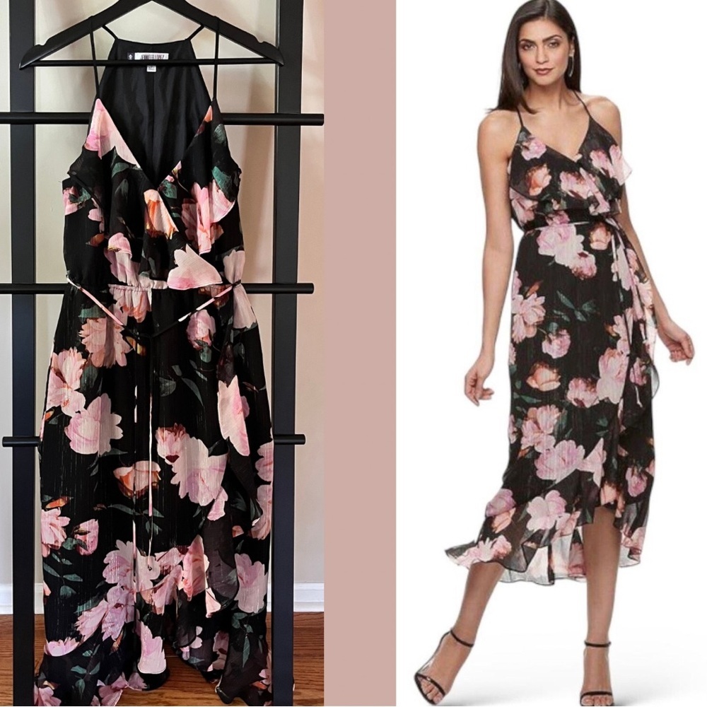 Jennifer Lopez Sz 4 Floral Wrap Maxi Dress Metallic Chiffon Lined